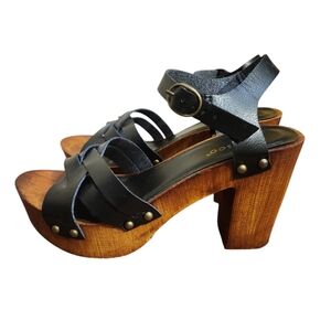 Bamboo Black Leather Wooden Clog Heel-Womens US 7